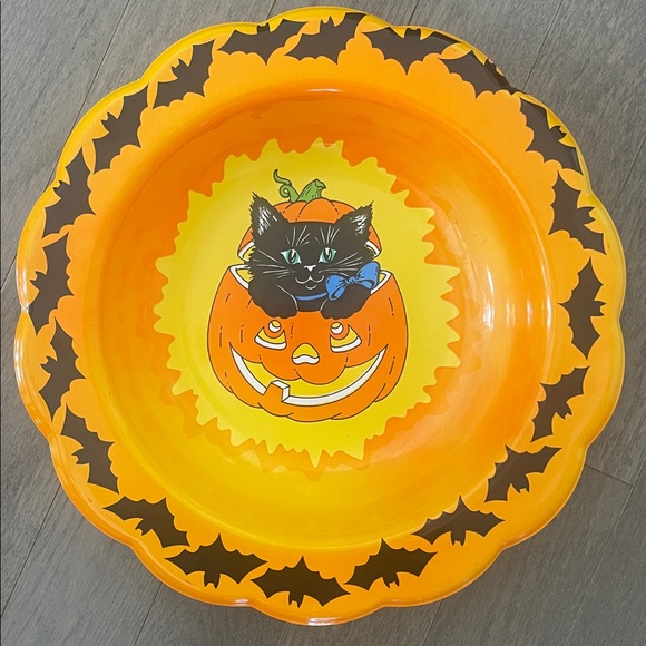 Vintage Rare Halloween Themed Hard Plastic Bowl - Jack O' Lantern, Cat & Bats - Picture 8 of 9